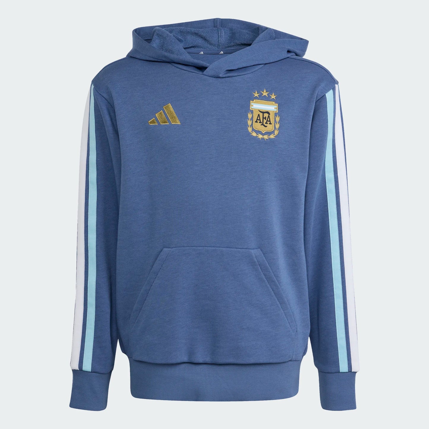 Hoodie DNA Argentine - Adidas bleu avec bandes blanches et turquoise manches, logo doré, coton polyester, garçon, vue de face