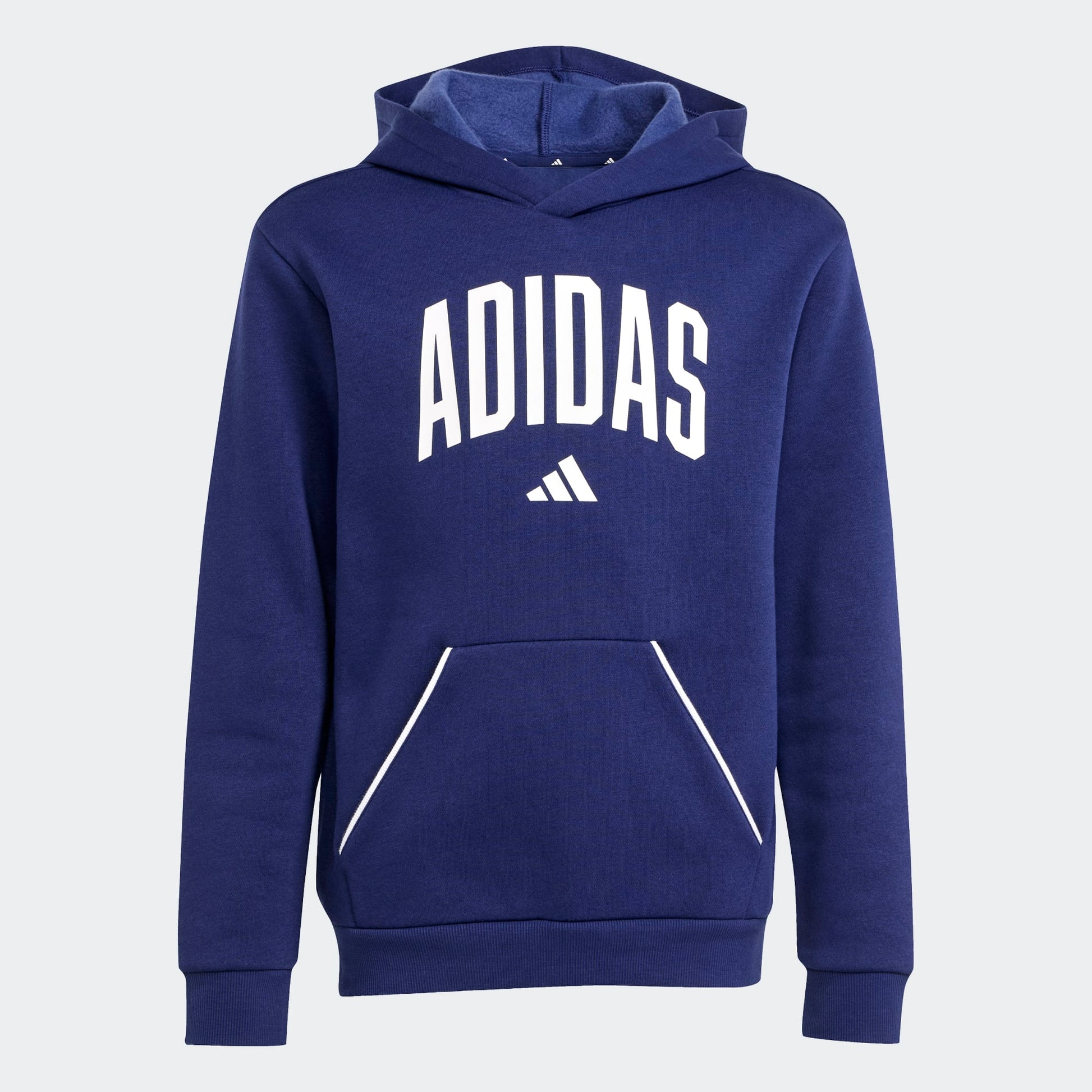 Hoodie - Adidas bleu marine avec logo blanc, poche kangourou, tissu coton polyester recyclé, garçon, vue de face