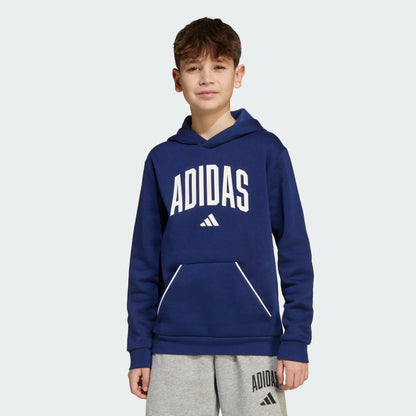 Hoodie - Adidas bleu marine avec logo blanc, tissu coton recyclé, capuche, pour garçon, porté de face sur mannequin