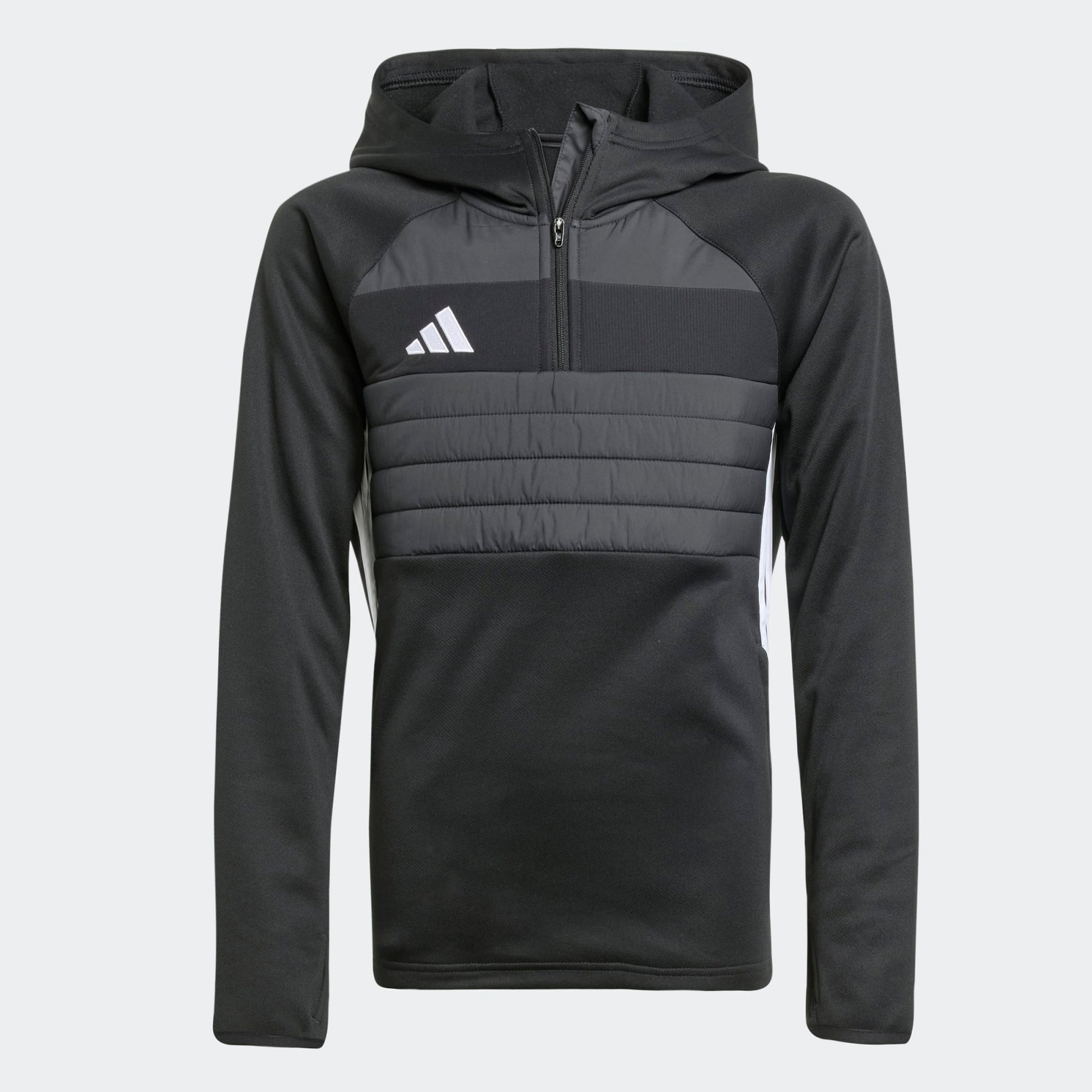 Hoodie - Adidas garçon noir avec capuche, empiècements matelassés, zip court, polyester recyclé, vue de face.