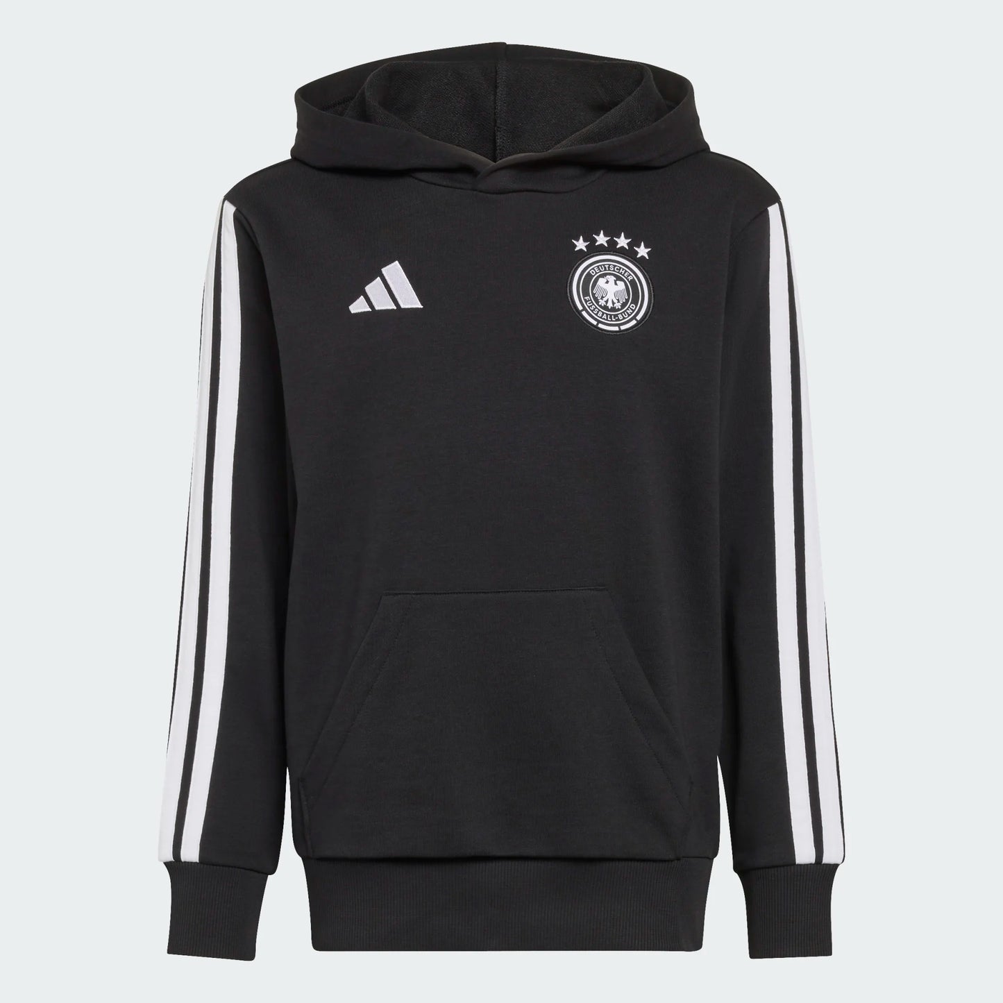 Hoodie Allemagne DNA - Adidas noir avec bandes blanches manches, logo blanc, coton et polyester recyclé, garçon, vue de face