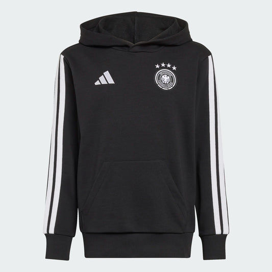 Hoodie Allemagne DNA - Adidas noir avec bandes blanches manches, logo blanc, coton et polyester recyclé, garçon, vue de face