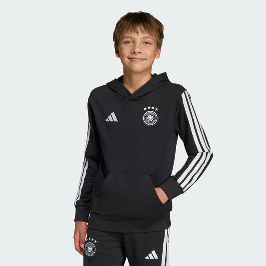 Hoodie Allemagne DNA - Adidas noir à capuche avec manches rayées blanches, logo équipe, pour garçon, porté de face.