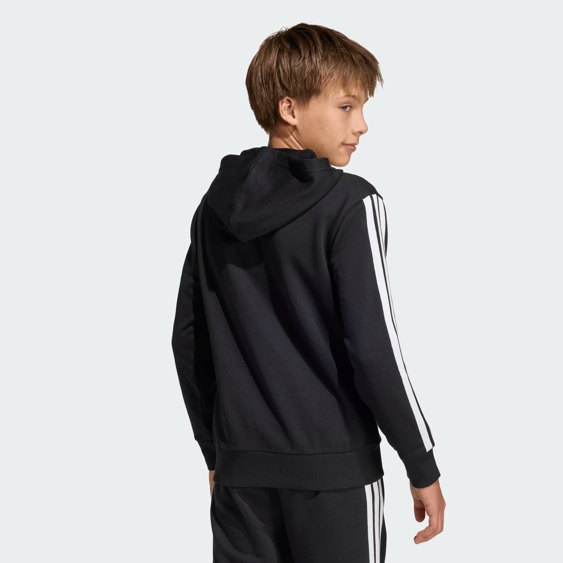 Hoodie Allemagne DNA - Adidas noir avec bandes blanches sur manches, capuche, en French terry, pour garçon, vue de dos.