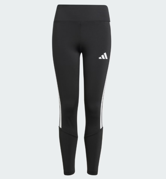 Legging - Adidas noir avec bandes blanches latérales et logo blanc, taille haute, pour fille, vue de face.