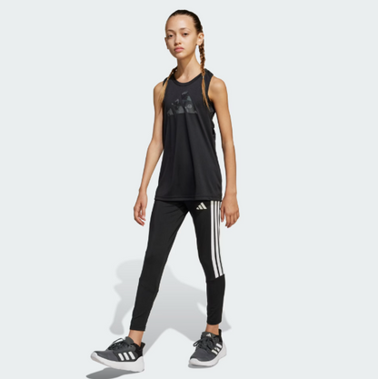 Legging - Adidas noir avec bande blanche latérale, taille élastique, pour fille, porté sur mannequin, vue de face.
