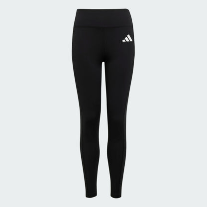 Legging - Adidas noir uni avec logo blanc sur cuisse, coupe ajustée, tissu polyester recyclé et elasthanne, pour fille, vue de face.