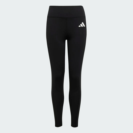 Legging - Adidas noir uni avec logo blanc sur cuisse, coupe ajustée, tissu polyester recyclé et elasthanne, pour fille, vue de face.