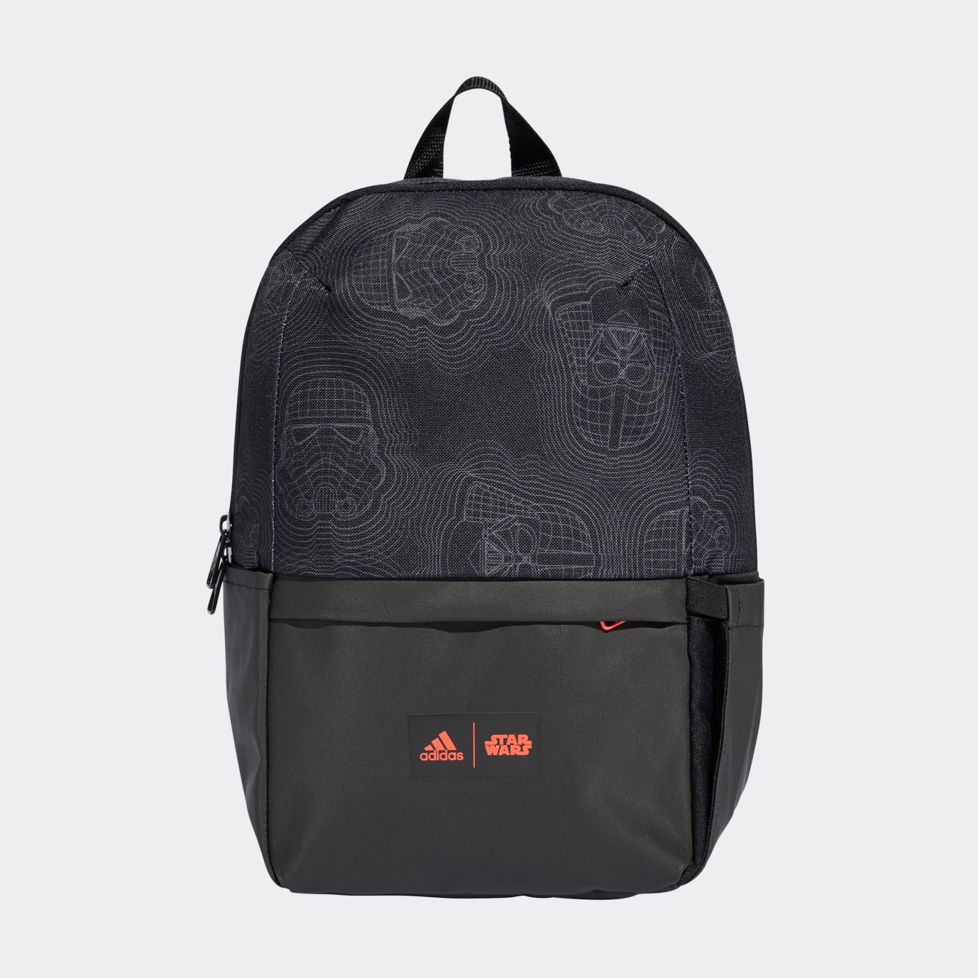 Mini sac à dos Star Wars - Adidas noir avec motifs casques, fond enduit, pour enfant, vue de face.