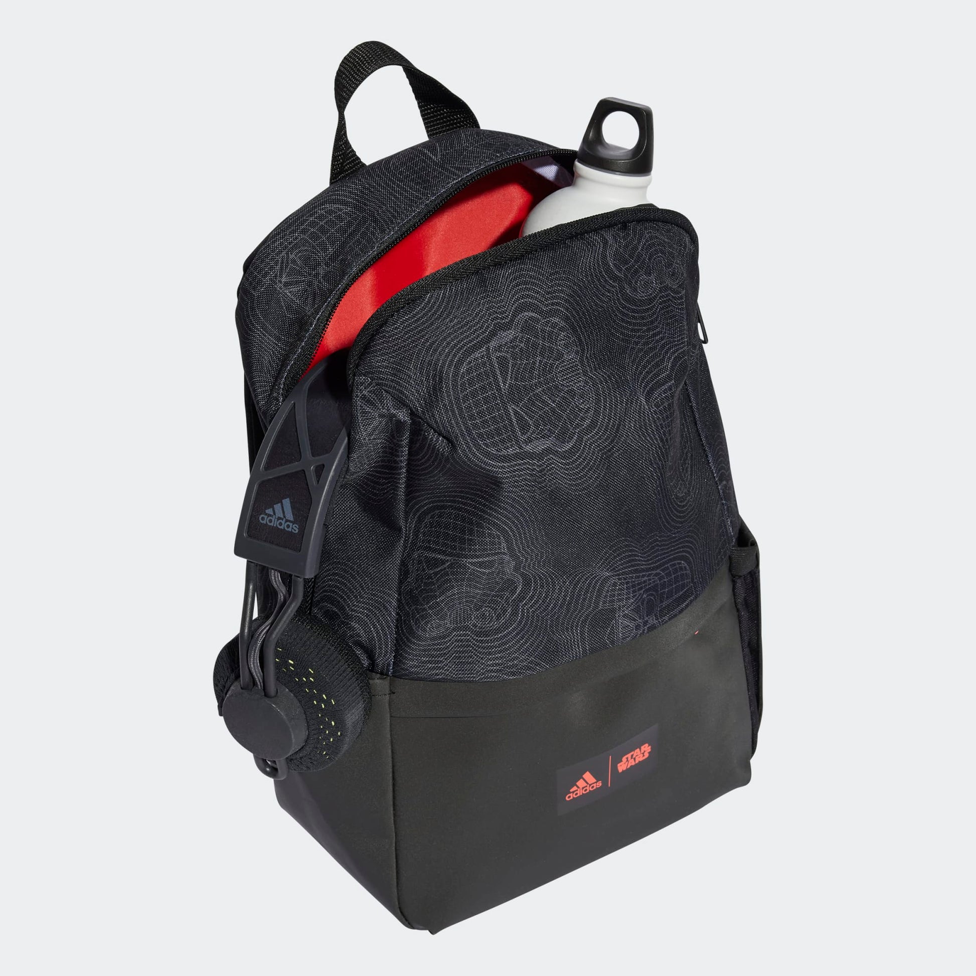 Mini sac à dos Star Wars - Adidas noir avec motifs imprimés, pochette frontale, bouteille et casque, vue angle dessus