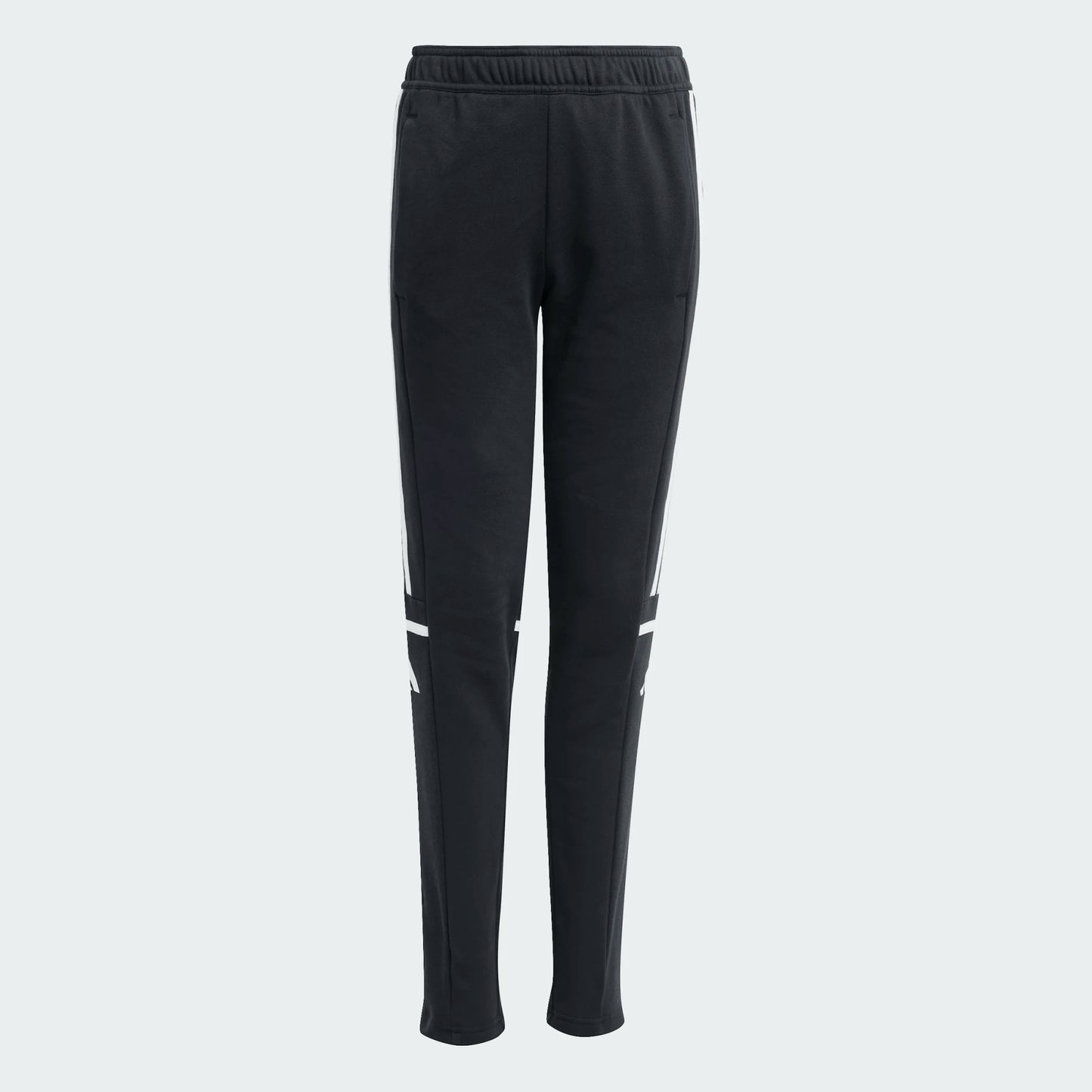 Pantalon - Adidas noir avec bandes blanches latérales, taille élastique, en coton et polyester recyclé, garçon, vue de face.