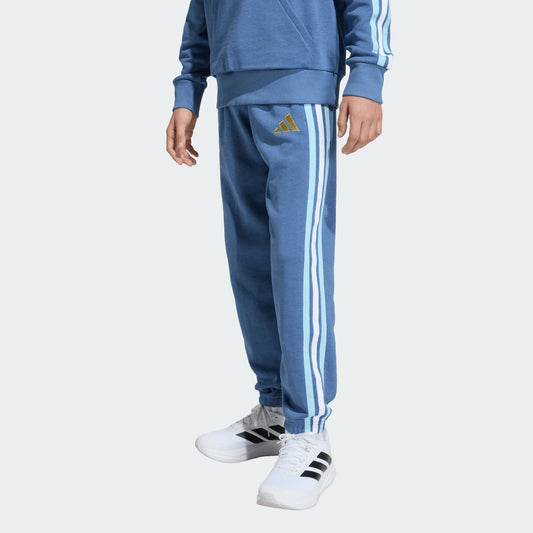 Pantalon Argentine DNA - Adidas bleu avec bandes claires latérales, logo or, coupe standard, pour garçon, porté vue de profil bas