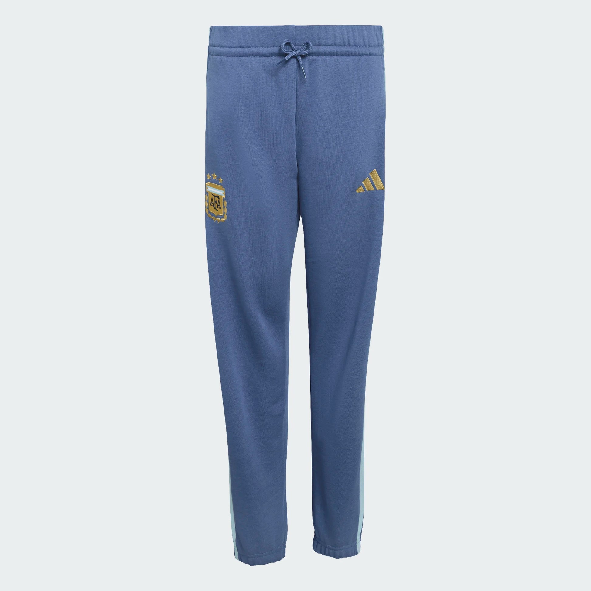 Pantalon Argentine DNA - Adidas bleu avec logo doré, taille élastique à cordon, pour garçon, vue de face.