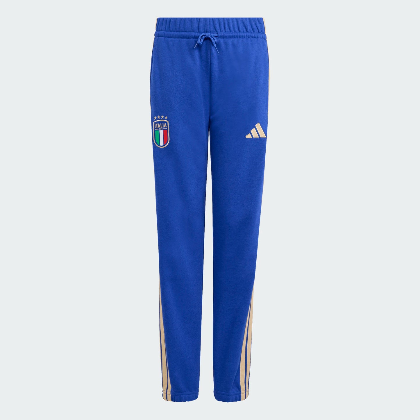 Pantalon Italia - Adidas bleu avec logo et bandes beige, taille élastique à cordons, pour garçon, vue de face