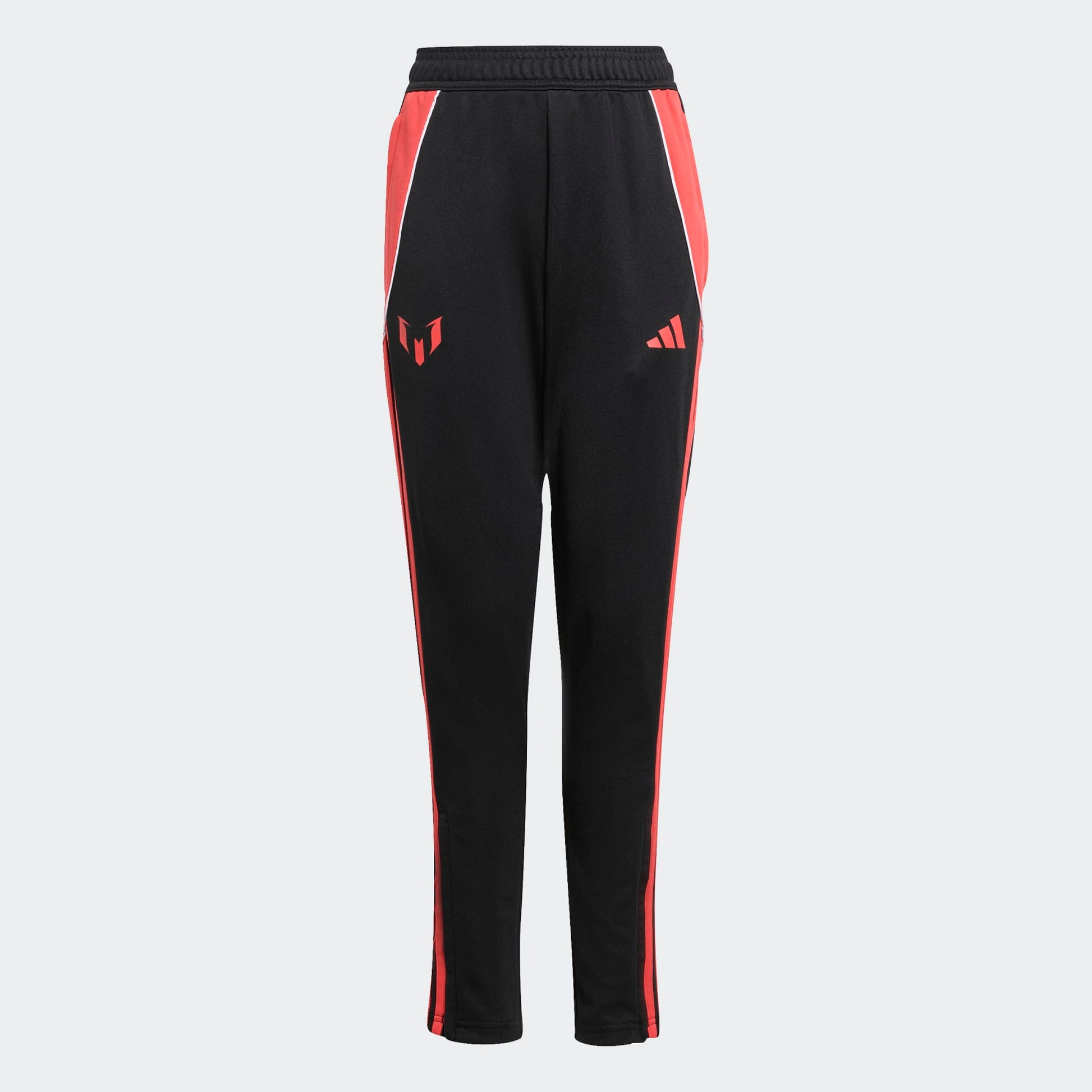 Pantalon MESSI  - Adidas noir avec bandes rouges, logos devant, polyester recyclé, style garçon, vue de face