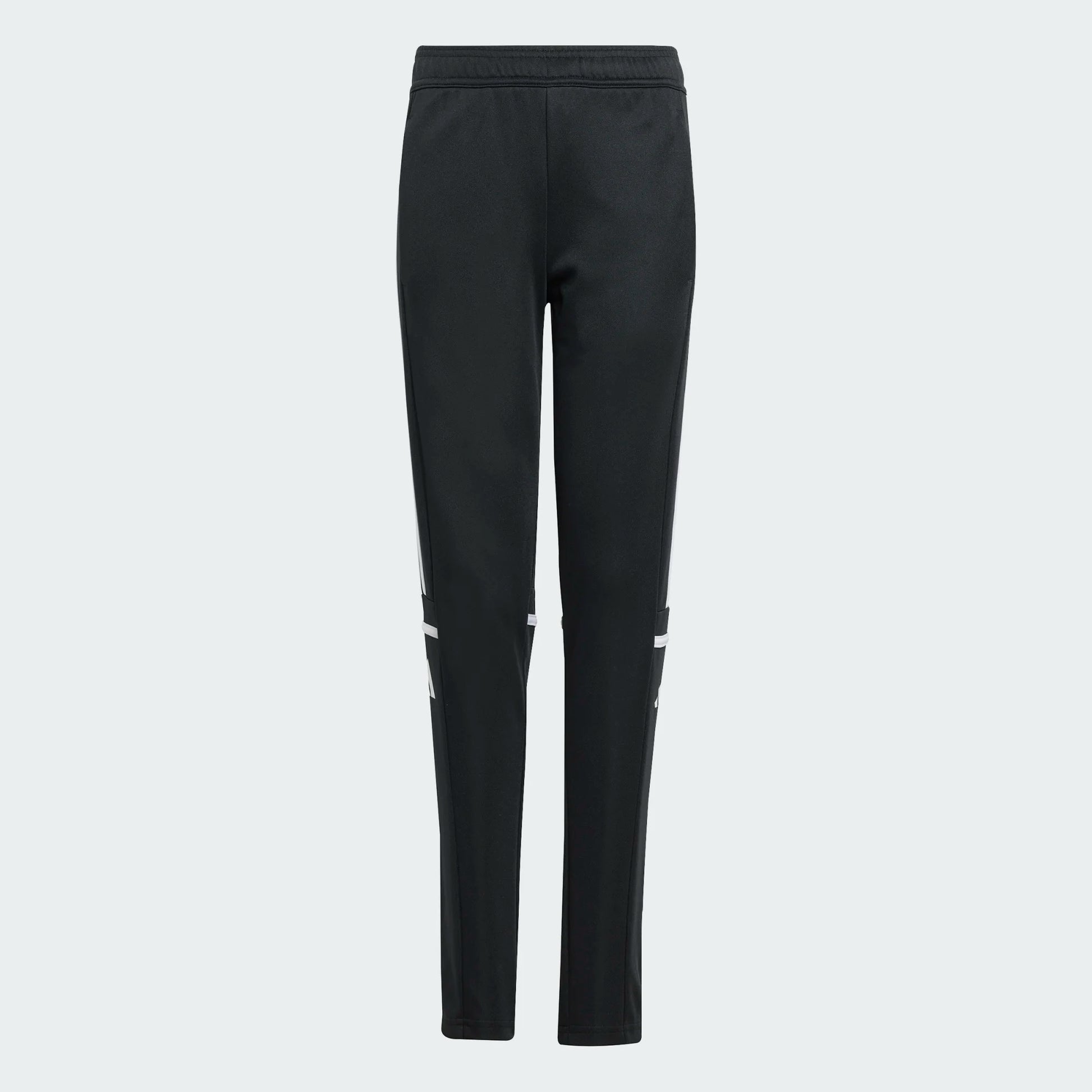Pantalon - Adidas noir avec détails blancs, tissu polyester recyclé, style sportif, pour garçon, vue de face.