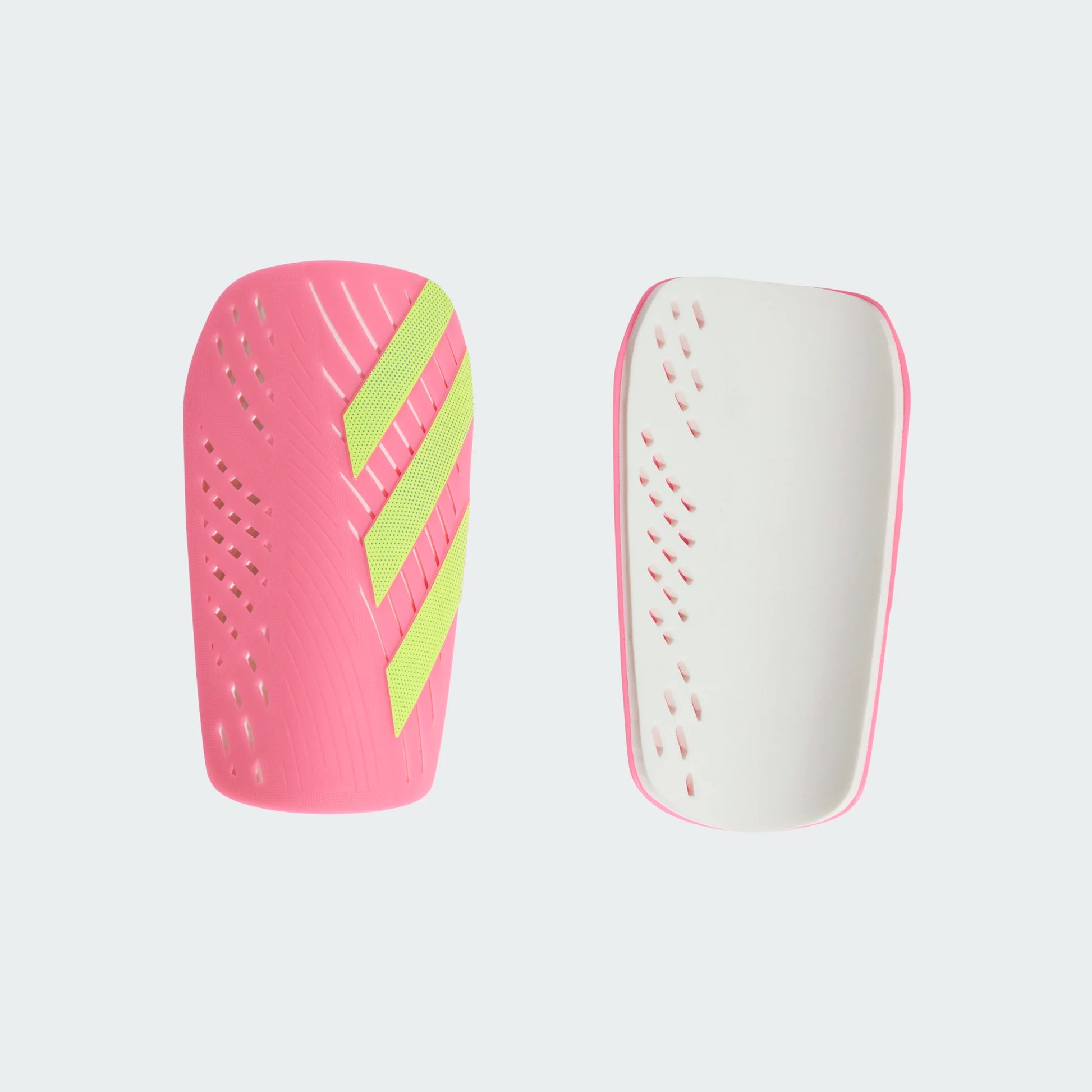 Protège-tibias - Adidas rose avec trois bandes jaune fluo, coque rigide perforée, intérieur blanc, pour fille, vue de face et dos