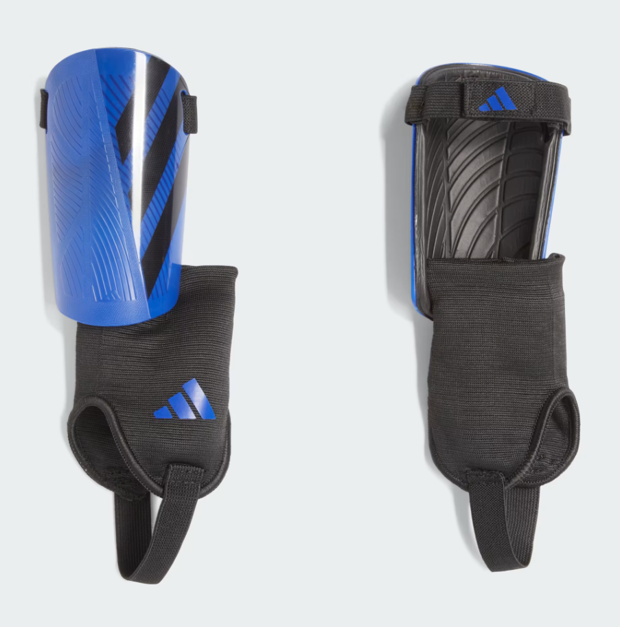 Protège tibias - Adidas bleu et noir  avec attache velcro et couvre-cheville, vue de face et dos, matériau plastique et textile