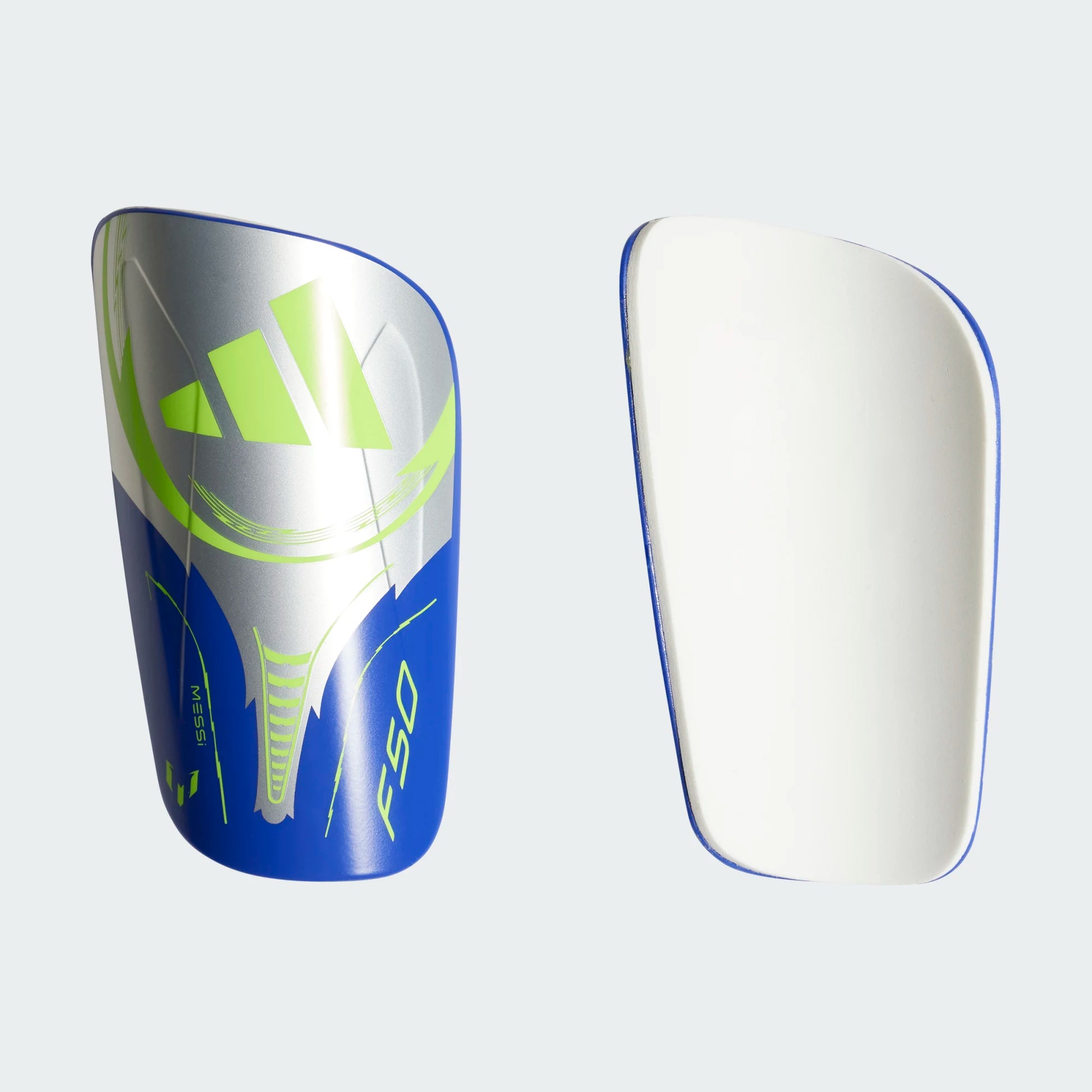 Protège-Tibias - Adidas Messi bleu et vert fluo en polypropylène, taille enfant, vue de face et dos