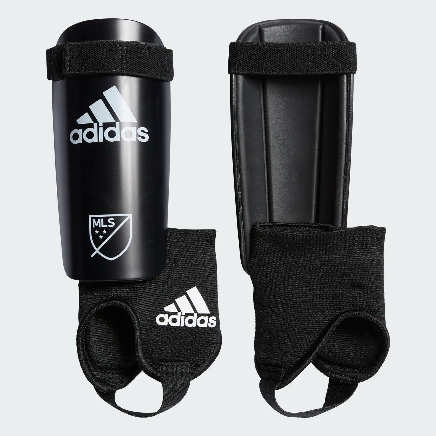 Protèges-tibias - Adidas noirs avec logo blanc MLS, sangle scratch et protections de cheville, large junior, vue de face et dos.