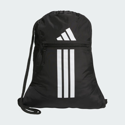 Sac à cordons Alliance 3 - Adidas noir en tissu léger avec logo blanc, fermeture zippée frontale, vue de face.