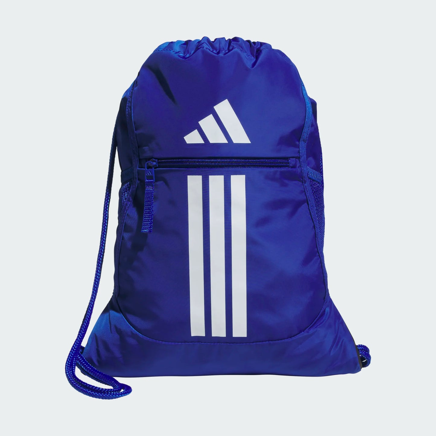 Sac à cordons Alliance 3 - Adidas bleu électrique avec logo blanc et poche zippée, style léger, vue de face.