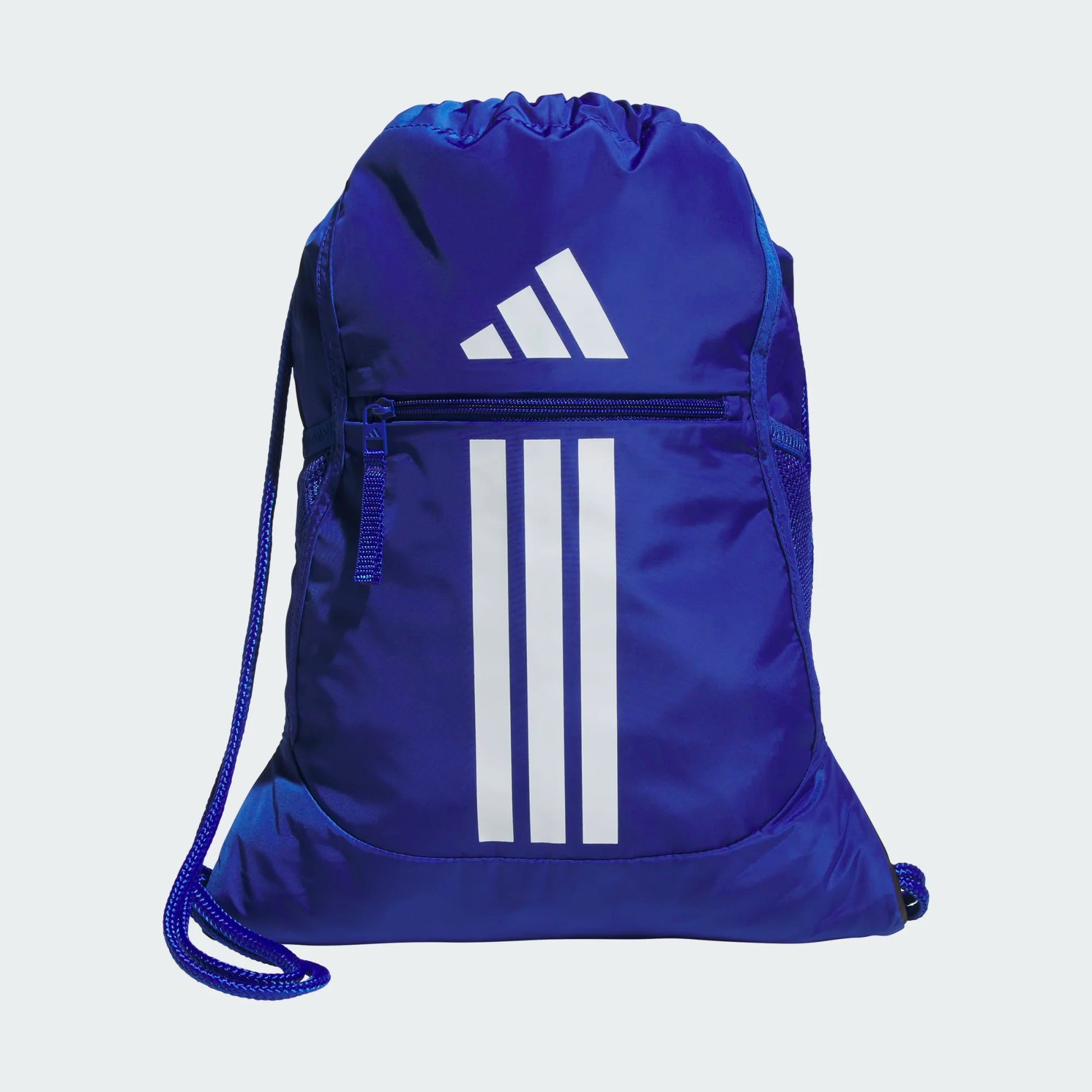 Sac à cordons Alliance 3 - Adidas bleu électrique avec logo blanc et poche zippée, style léger, vue de face.