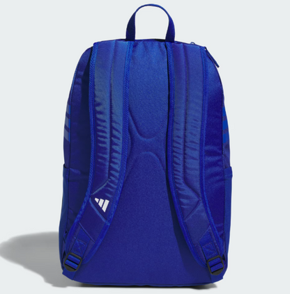 Sac à dos - Adidas bleu en polyester, dos rembourré avec bretelles ajustables, vue de dos.