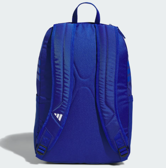 Sac à dos - Adidas bleu en polyester, dos rembourré avec bretelles ajustables, vue de dos.