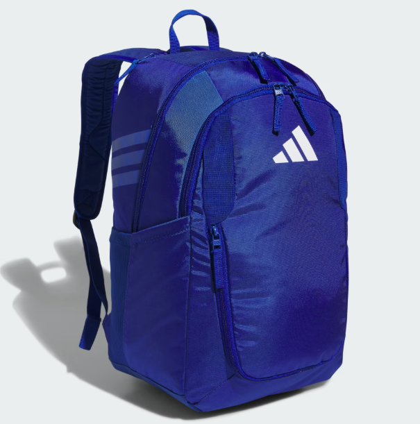 Sac à dos - Adidas bleu foncé en polyester avec logo blanc, poches multiples, style sport, vue de trois-quarts face.