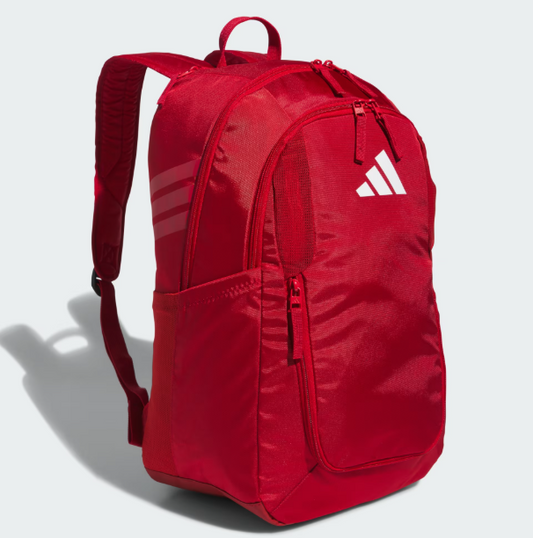Sac à dos - Adidas rouge en polyester avec fermeture zippée, poches latérales, style enfant, vue de profil gauche.