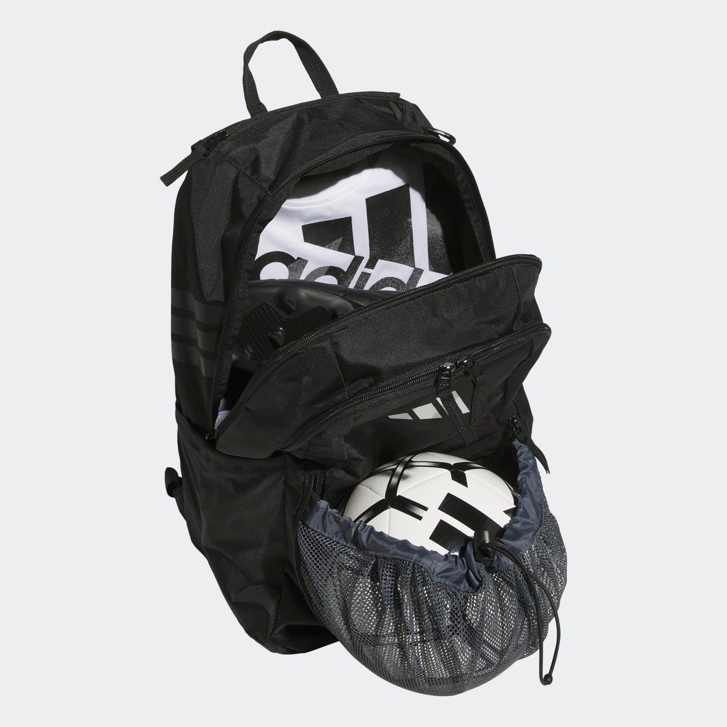 Sac à dos Stadium 4 - Adidas noir en polyester léger avec poches zippées et filet range-ballons, vue ouverte de face.