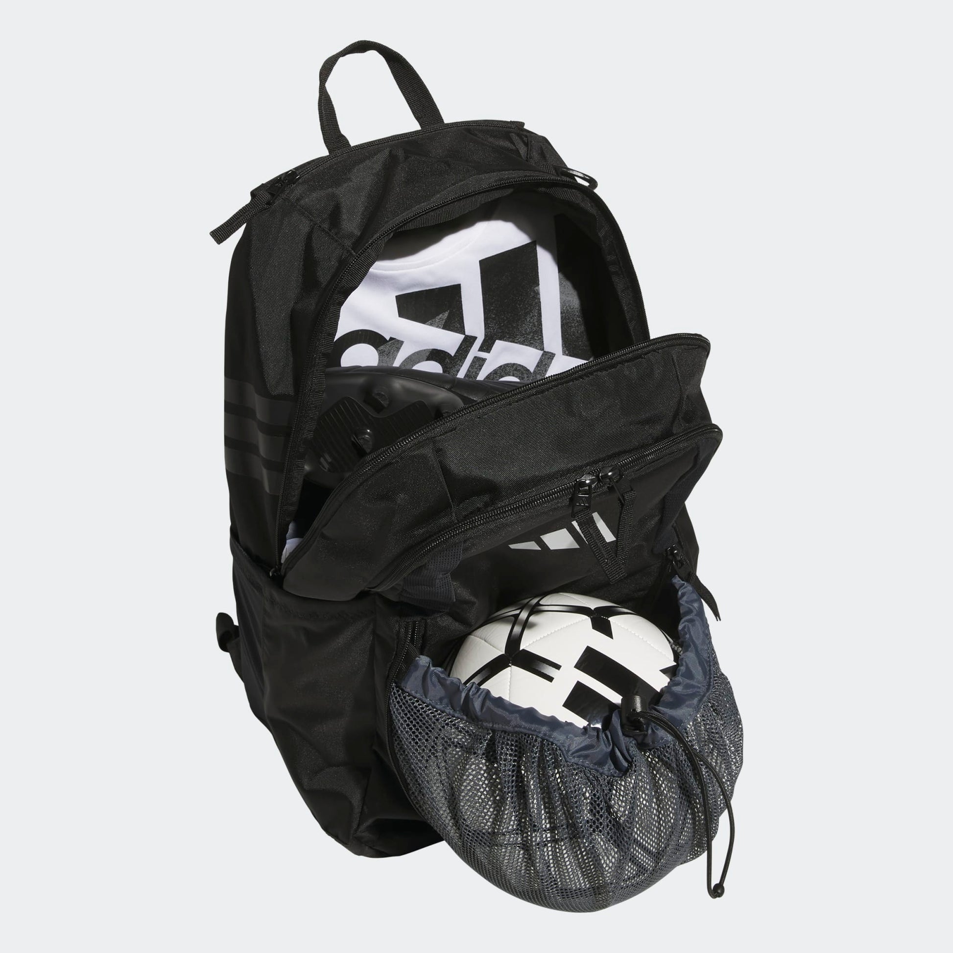 Sac à dos Stadium 4 - Adidas noir en polyester léger avec poches zippées et filet range-ballons, vue ouverte de face.