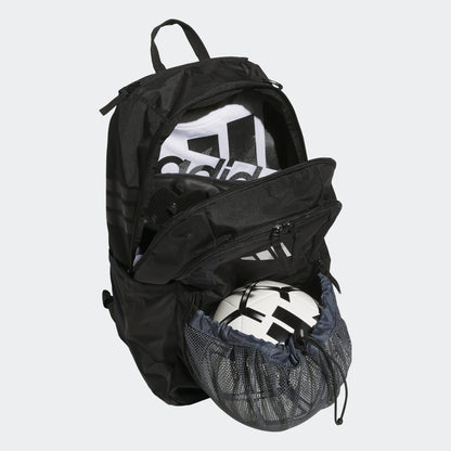 Sac à dos Stadium 4 - Adidas noir en polyester léger avec poches zippées et filet range-ballons, vue ouverte de face.