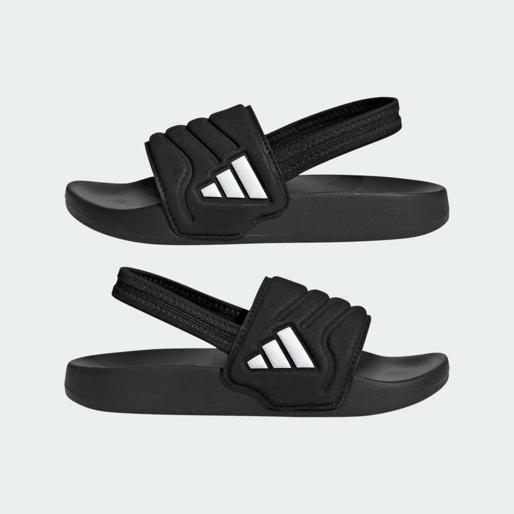 Sandales Adilette Estrap 2.0 - Adidas noires avec logo blanc, bride arrière élastique, style garçon, vue de profil côté droit et gauche.