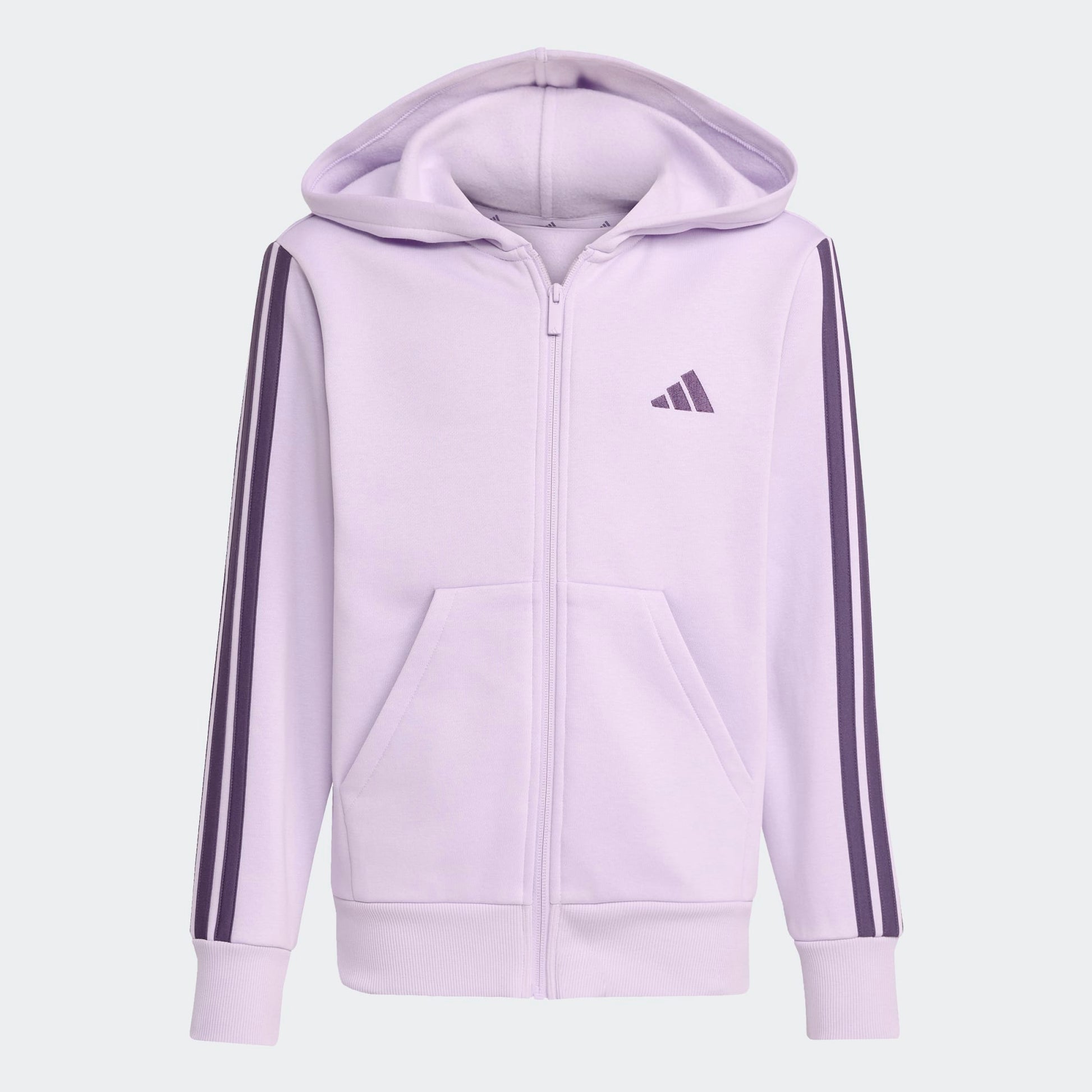 Veste - Adidas violette claire à capuche avec bandes foncées sur manches, fermeture éclair et poches, pour fille, vue de face