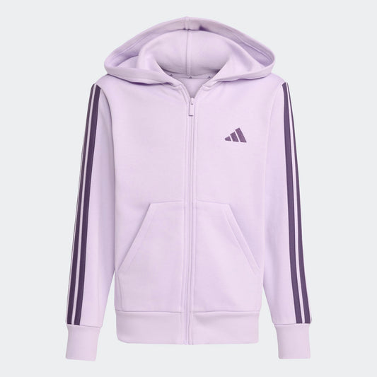 Veste - Adidas violette claire à capuche avec bandes foncées sur manches, fermeture éclair et poches, pour fille, vue de face