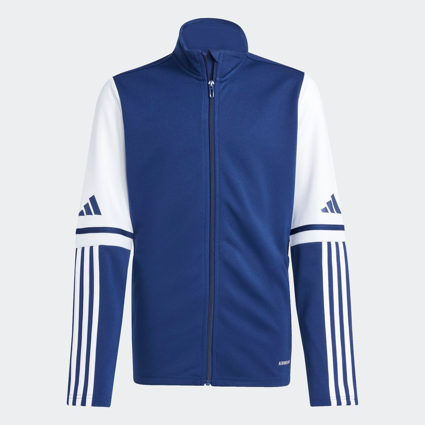 Veste - Adidas bleu marine et blanche manches longues avec logo, polyester recyclé, style sportif, vue de face.