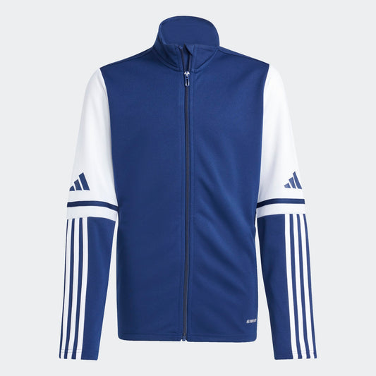 Veste - Adidas bleu marine et blanche manches longues avec logo, polyester recyclé, style sportif, vue de face.