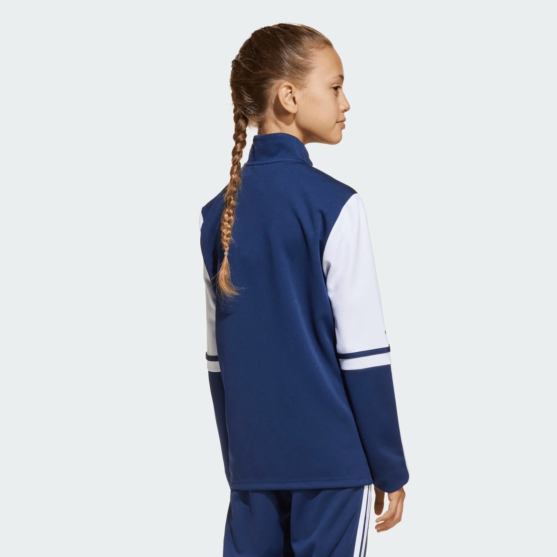 Veste - Adidas bleu marine avec manches blanches et liseré bleu, polyester recyclé, pour enfant, vue de dos.