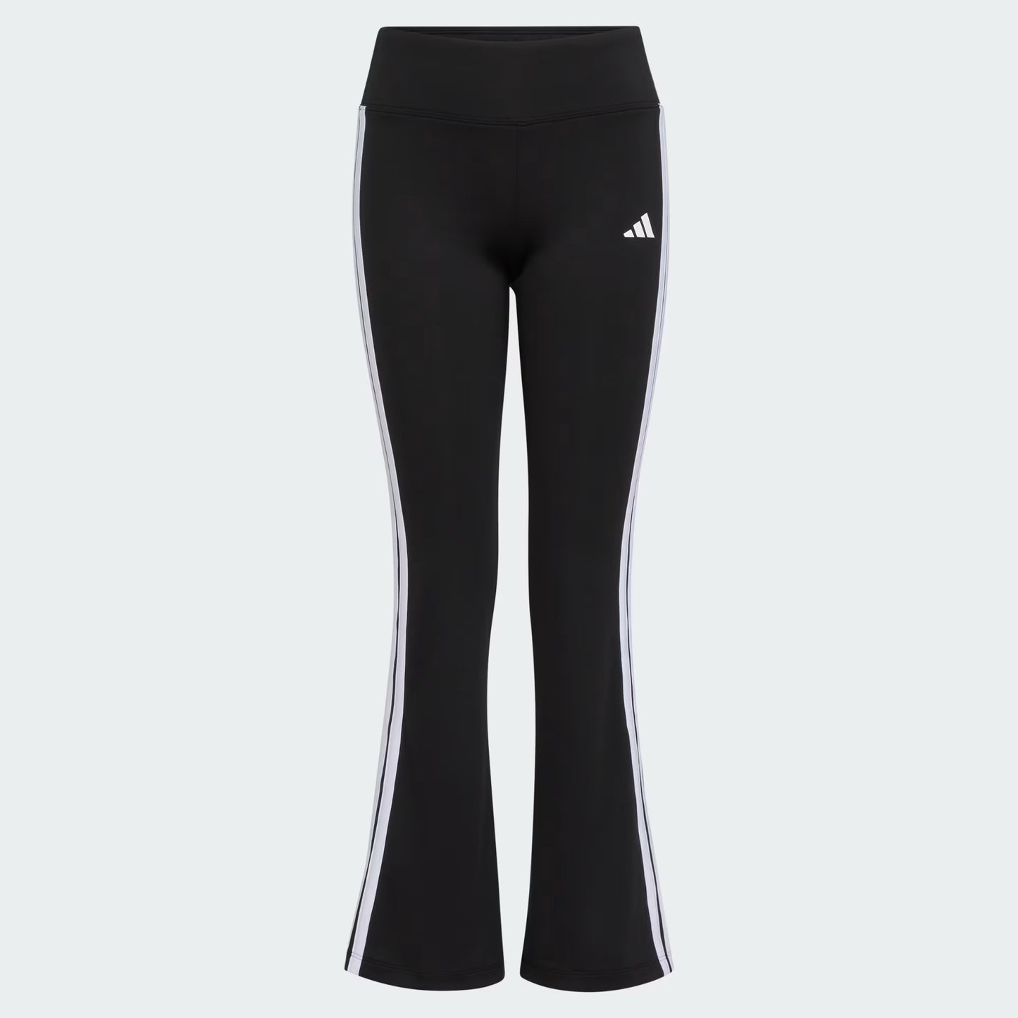 Legging - Adidas noir avec bandes blanches latérales, logo blanc, tissu polyester élasthanne, pour fille, vue de face.