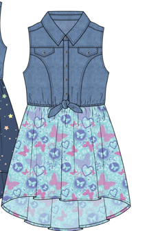 Robe - Arie sans manches en denim bleu avec jupe fluide à motifs papillons et cœurs, pour fille, vue de face