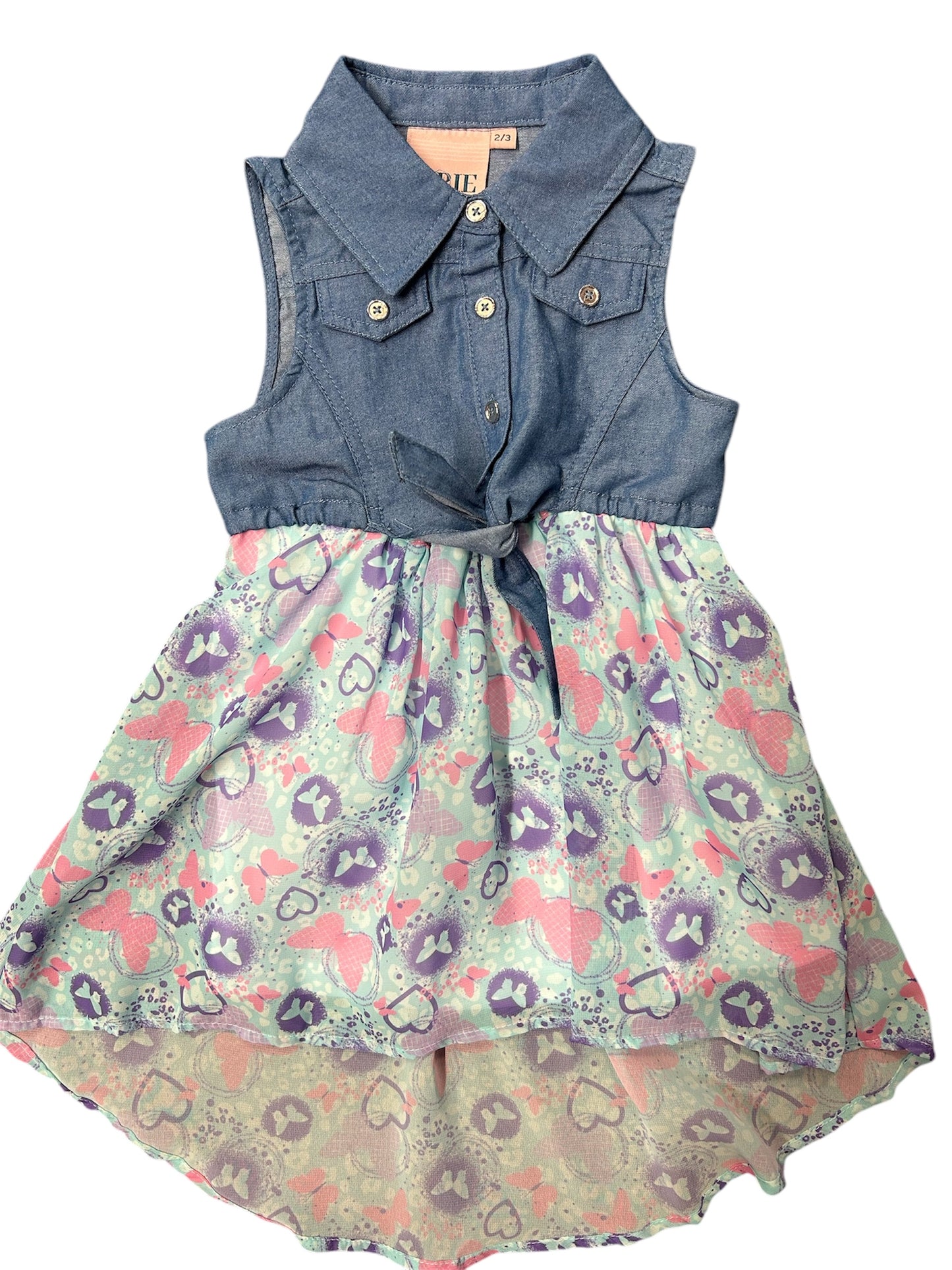 Robe - Arie avec haut en denim bleu sans manches et jupe fluide imprimée cœurs roses et violets, pour fille, vue de face