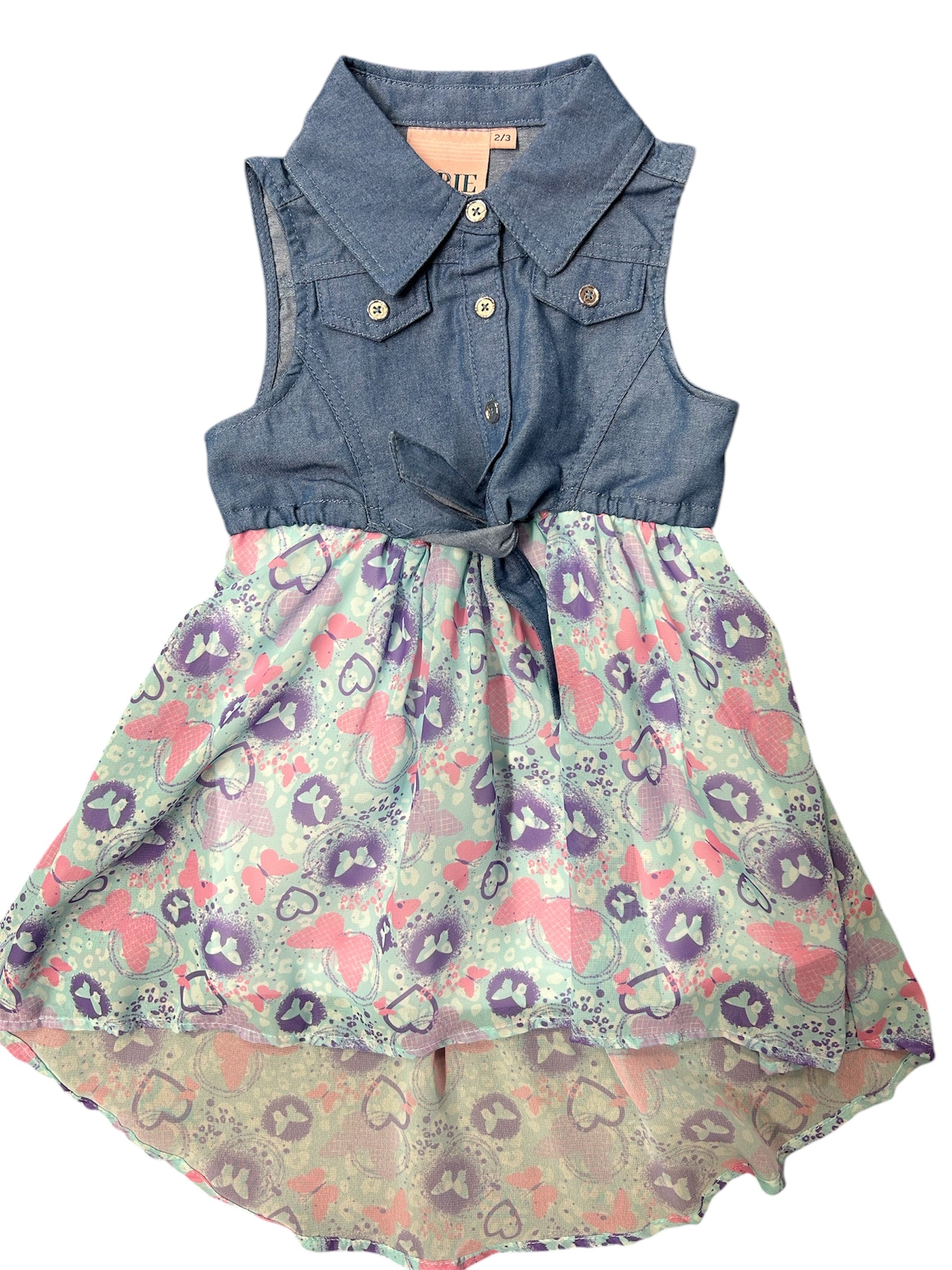 Robe - Arie avec haut en denim bleu sans manches et jupe fluide imprimée cœurs roses et violets, pour fille, vue de face