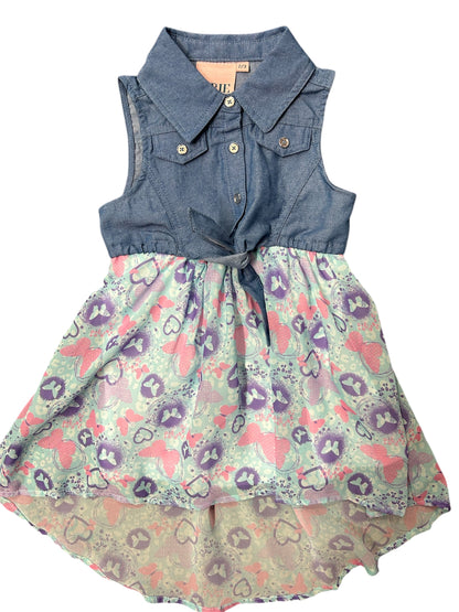 Robe - Arie avec haut en denim bleu sans manches et jupe fluide imprimée cœurs roses et violets, pour fille, vue de face