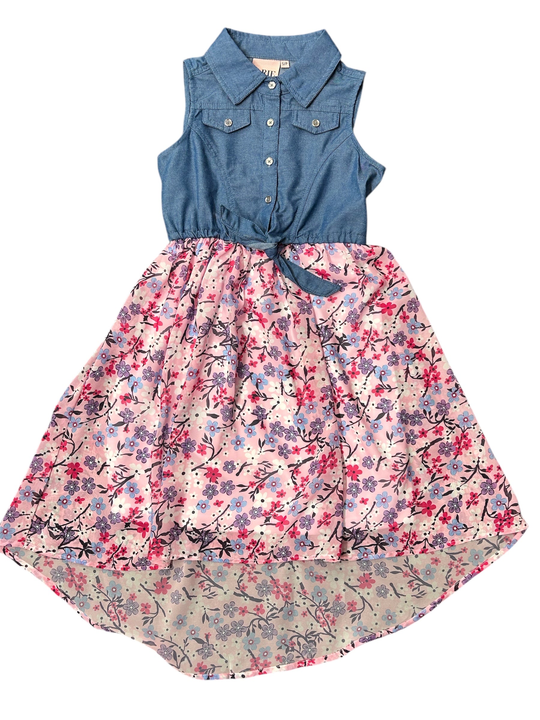 Robe - Arie sans manches bleu chambray avec jupe rose imprimé floral multicolore, pour fille, vue de face