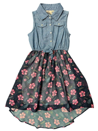 Robe - Arie sans manches haut en denim bleu, jupe noire imprimé floral rouge et rose, pour fille, vue de face.