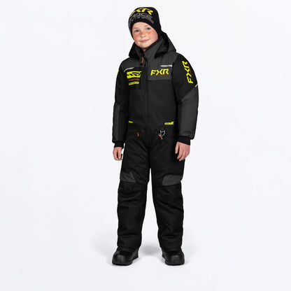 Habit de neige 1 pièce - FXR noir avec détails jaunes pour enfant garçon porté de face