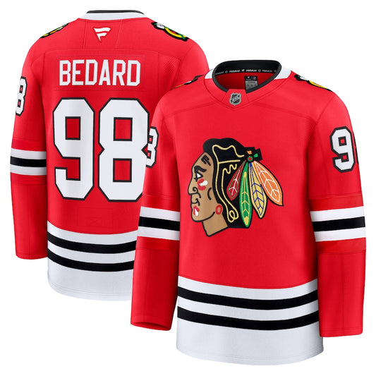 Jersey de hockey - Bedard rouge noir et blanc, style officiel, pour enfant fille ou garçon, vue avant et arrière détaillée.