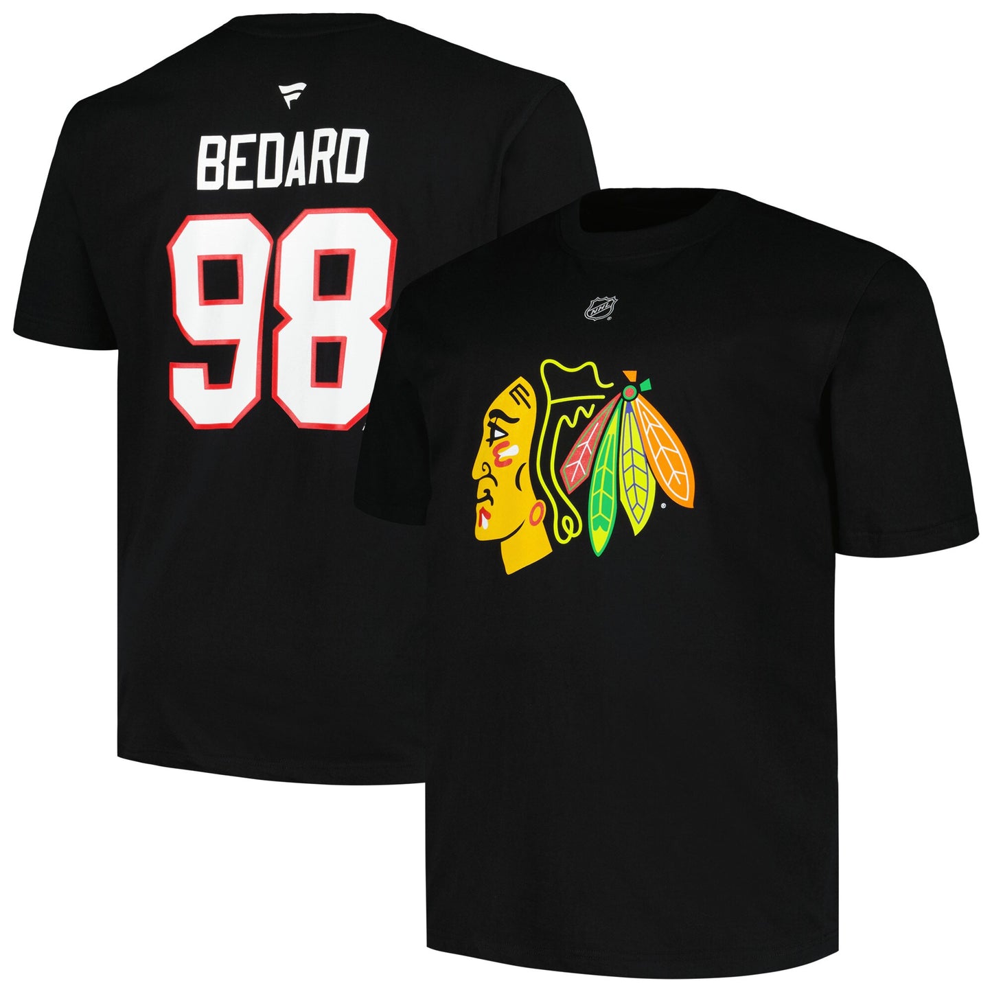 T-Shirt - Bedard Blackhawks - 3 Pour 60$ noir en coton avec logo coloré devant et nom 98 dos, vue de face et dos.
